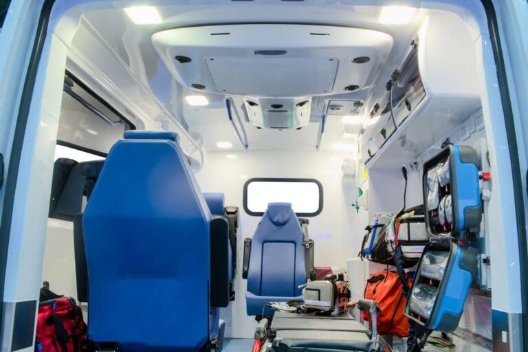 Inside an ambulance car with medical equipment for helping patie